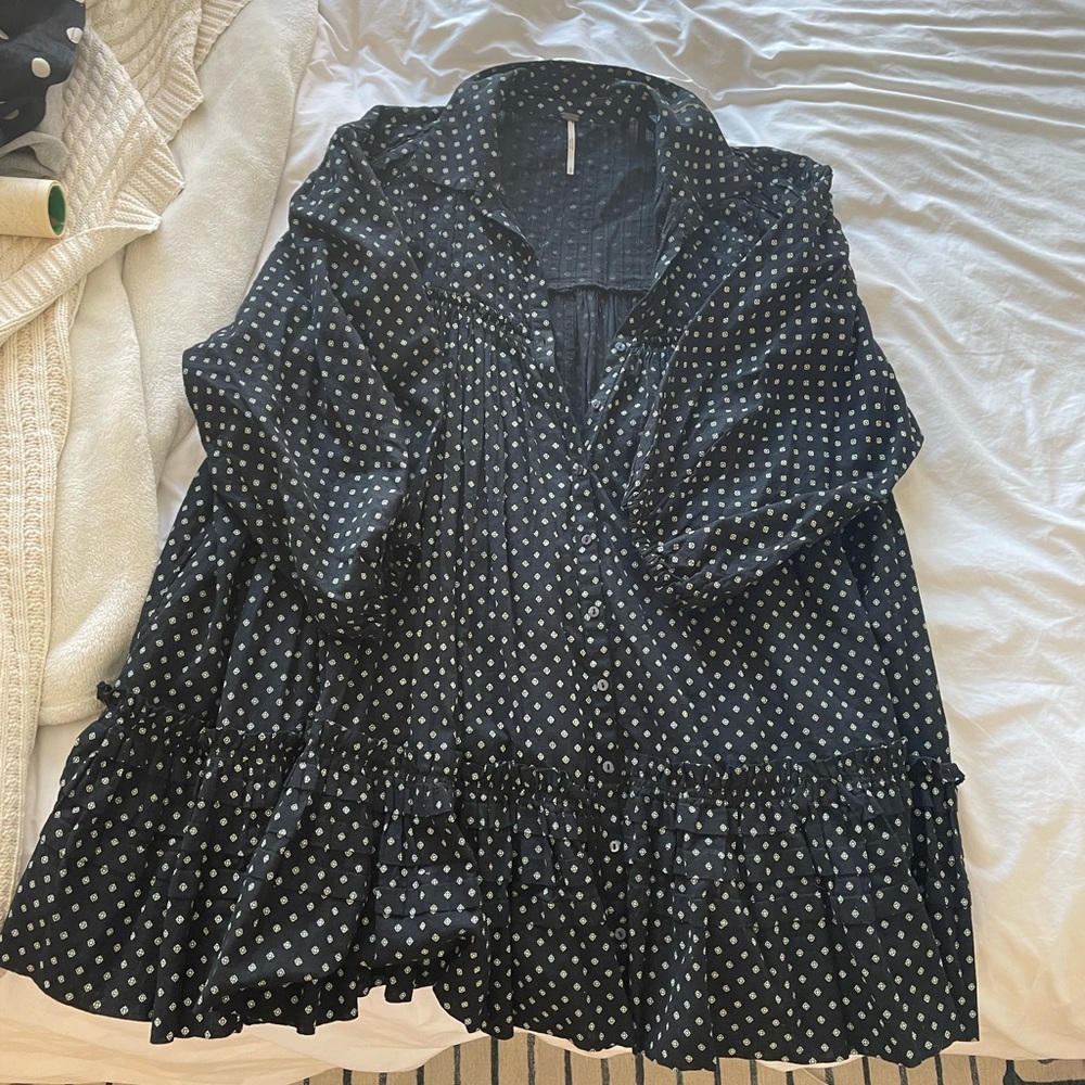 Free People Black Mini Dress with White Diamond Print